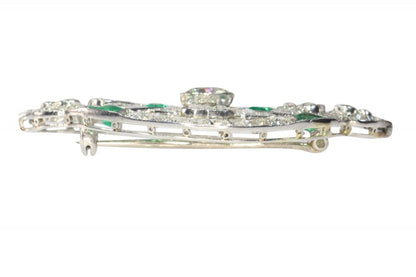 Art Deco Antique 6.80ct Diamond and Emerald Oval Brooch