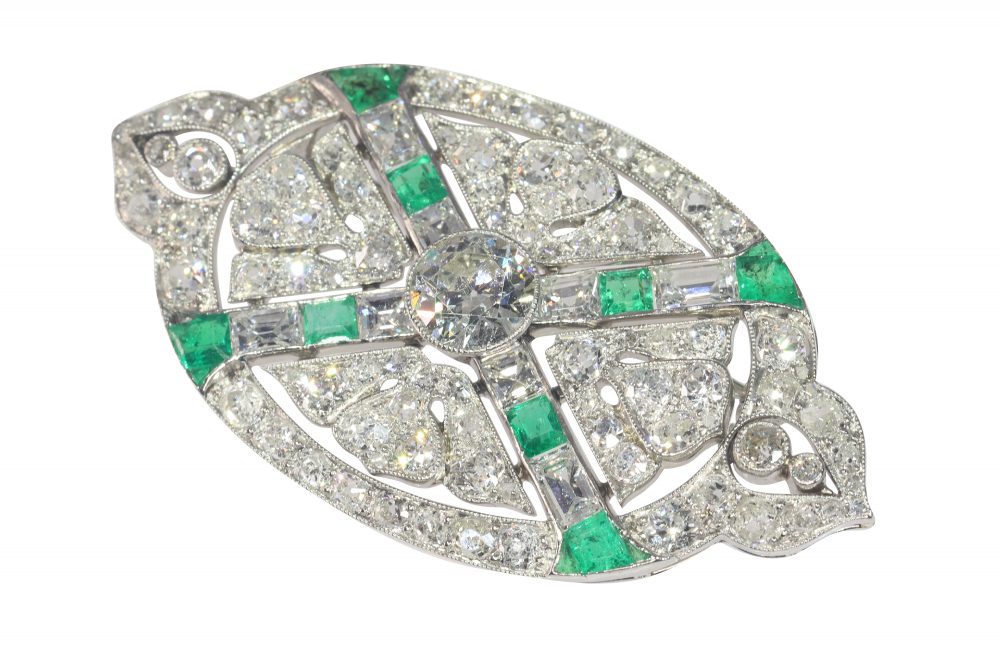 Art Deco Antique 6.80ct Diamond and Emerald Oval Brooch
