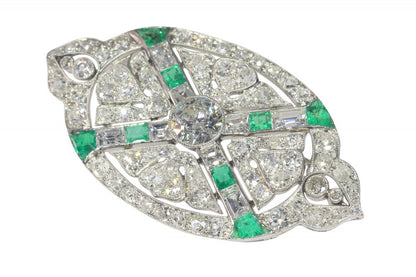 Art Deco Antique 6.80ct Diamond and Emerald Oval Brooch