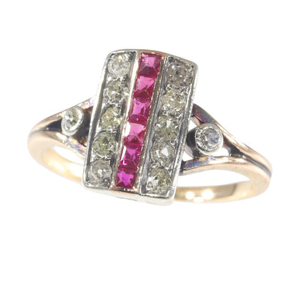 Art Deco Antique Ruby and Diamond Plaque Ring