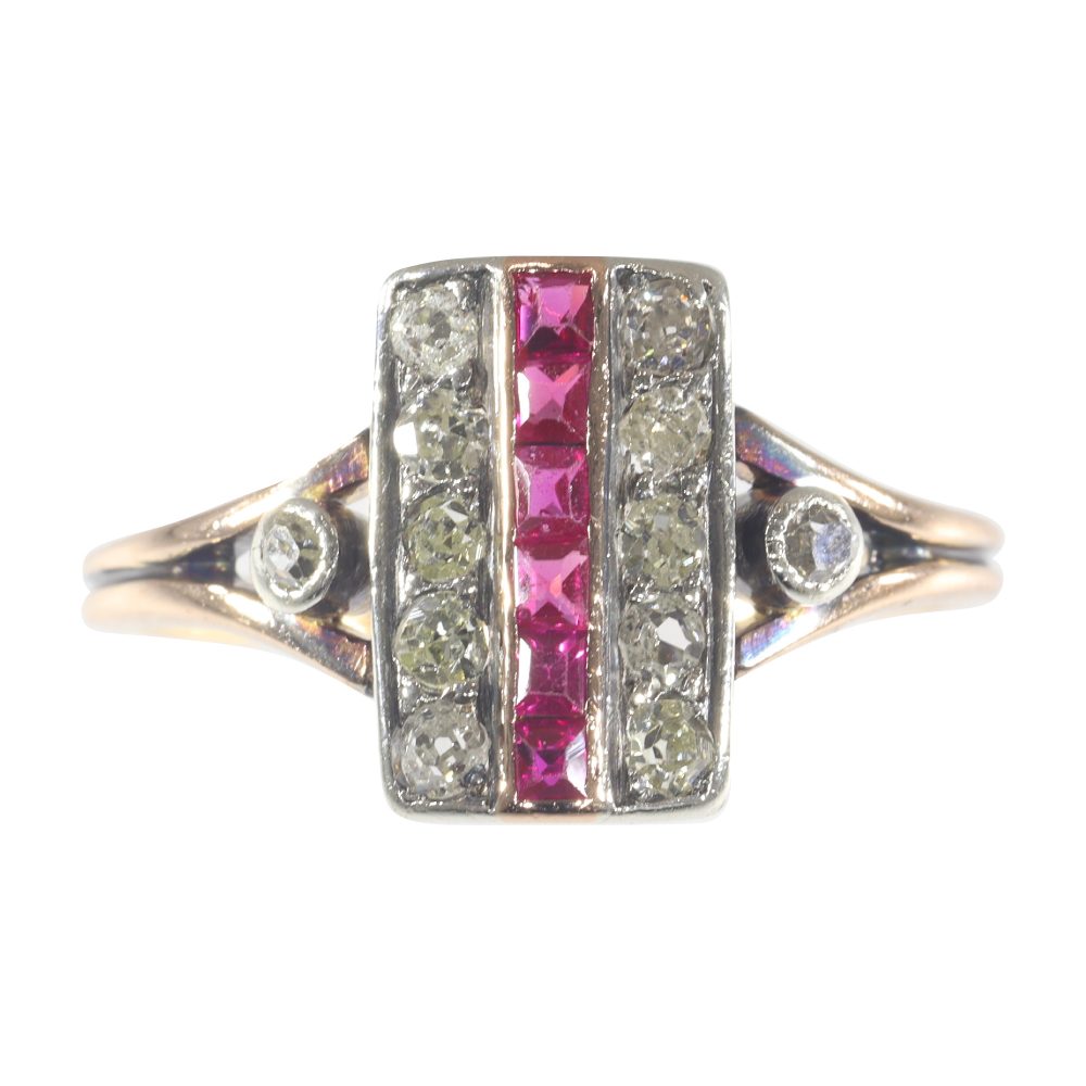 Art Deco Antique Ruby and Diamond Plaque Ring