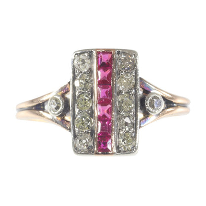 Art Deco Antique Ruby and Diamond Plaque Ring