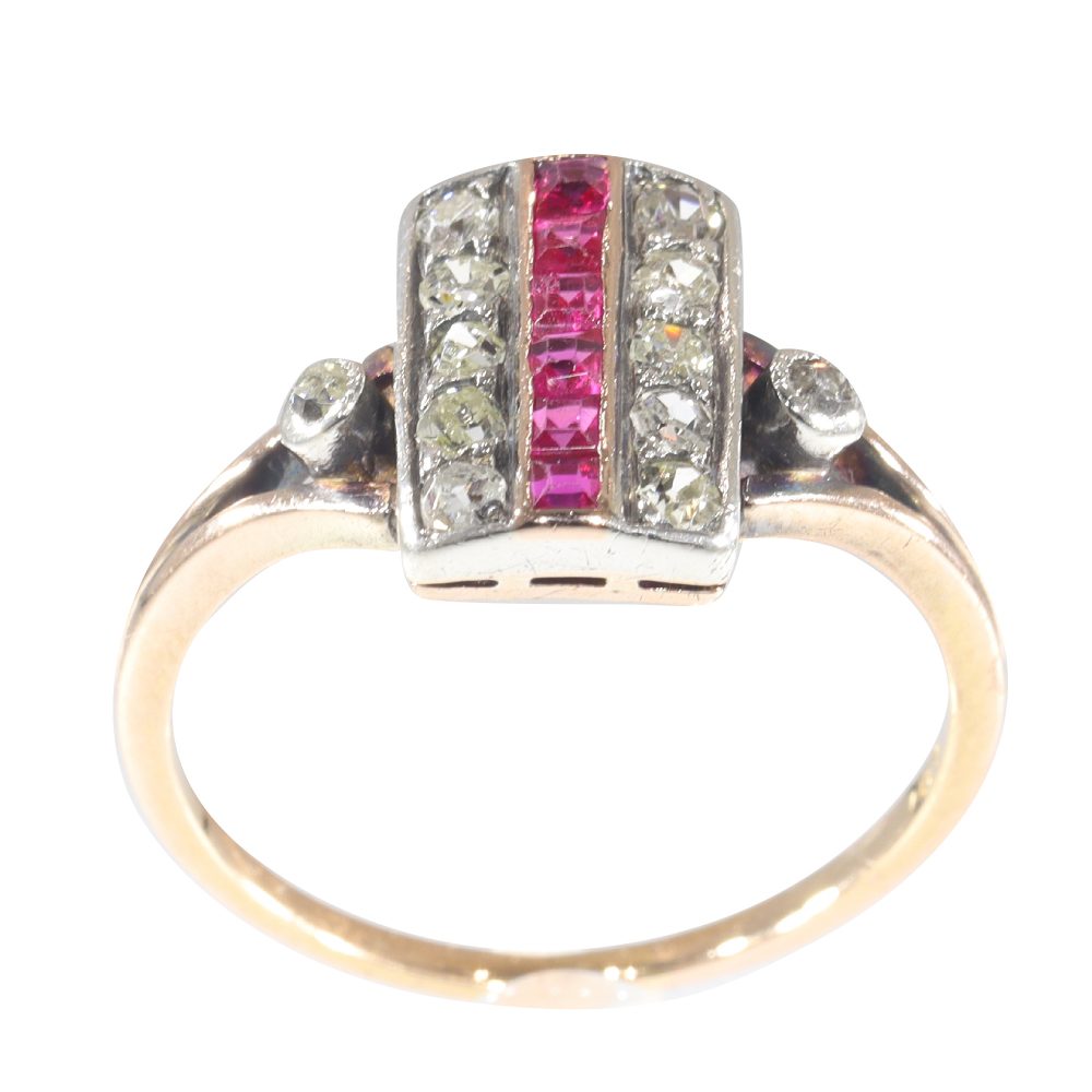 Art Deco Antique Ruby and Diamond Plaque Ring