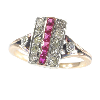Art Deco Antique Ruby and Diamond Plaque Ring