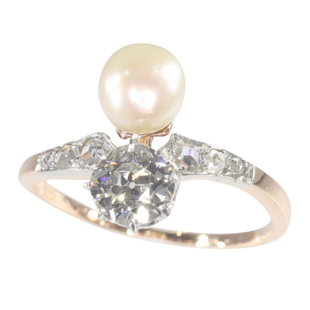 Old Cut Diamond And Pearl Engagement Ring In Platinum and Rose Gold