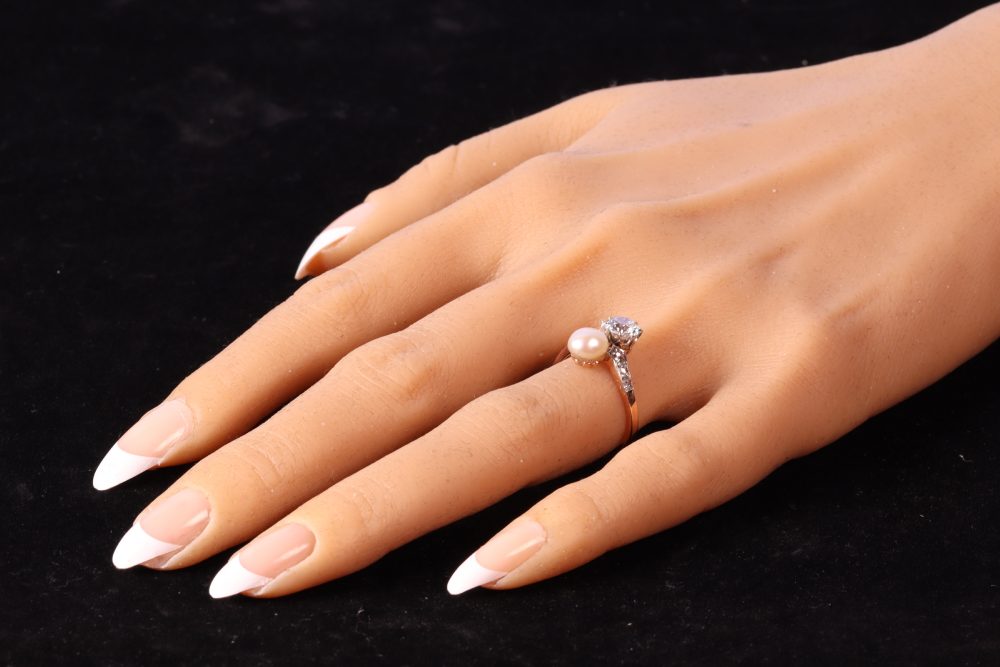 Old Cut Diamond And Pearl Engagement Ring In Platinum and Rose Gold