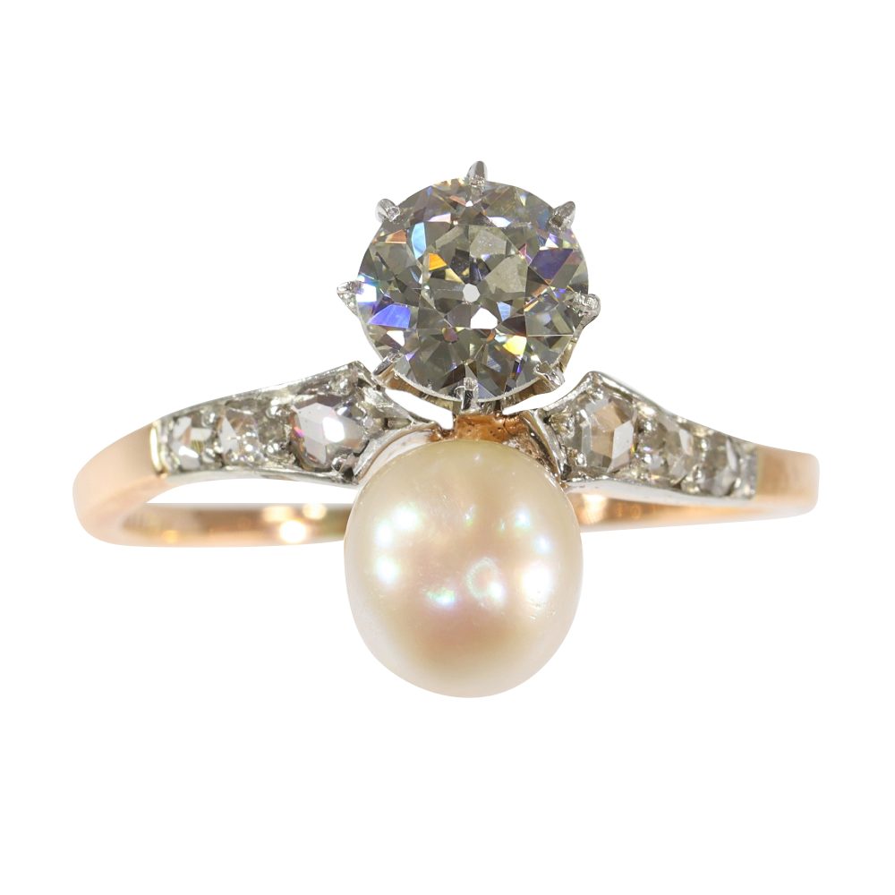 Old Cut Diamond And Pearl Engagement Ring In Platinum and Rose Gold