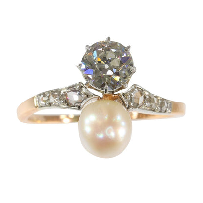 Old Cut Diamond And Pearl Engagement Ring In Platinum and Rose Gold