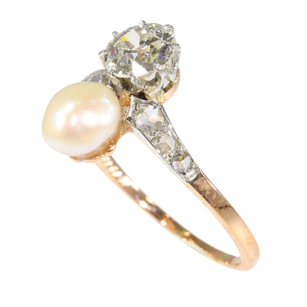 Old Cut Diamond And Pearl Engagement Ring In Platinum and Rose Gold