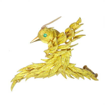 Vintage Emerald Set Gold Bird Brooch