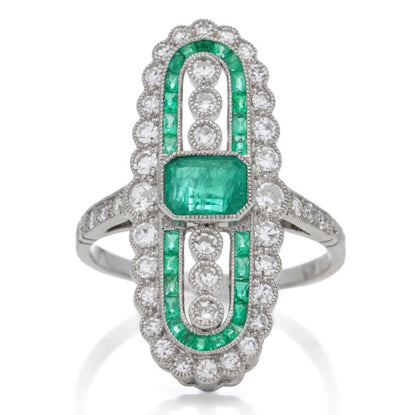 Vintage Art Deco Style Emerald and Diamond Cluster Plaque Ring, set with 1.18cts emerald-cut and square-cut emeralds and brilliant-cut diamonds in platinum