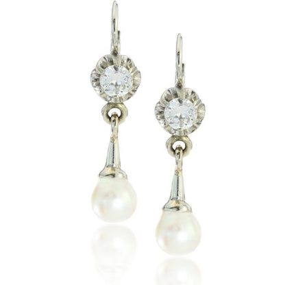 Vintage Pearl and Diamond Drop Earrings; set with freshwater cultured pearls and 0.50cts diamonds mounted in 18ct White Gold, Circa 1950s