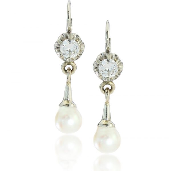 Vintage Pearl and Diamond Drop Earrings; set with freshwater cultured pearls and 0.50cts diamonds mounted in 18ct White Gold, Circa 1950s