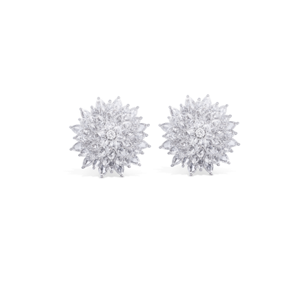 Rose Cut Diamond Dahlia Flower Cluster Earrings; studded with 2.93 carats of round and pear-shaped rose-cut diamonds, further embellished with 490 round brilliant diamonds