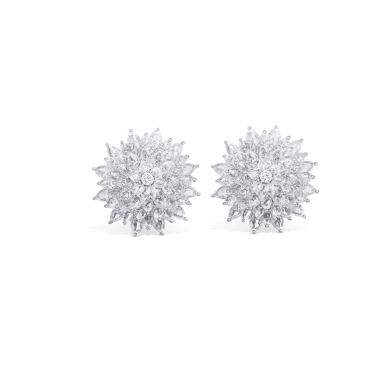 Rose Cut Diamond Dahlia Flower Cluster Earrings; studded with 2.93 carats of round and pear-shaped rose-cut diamonds, further embellished with 490 round brilliant diamonds