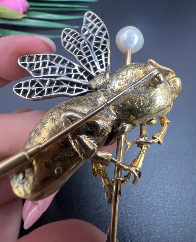 Vintage Abalone Pearl Insect Brooch with Diamonds