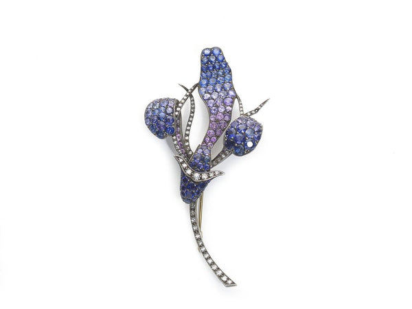 Shaded Sapphire Diamond Gold Flower Brooch