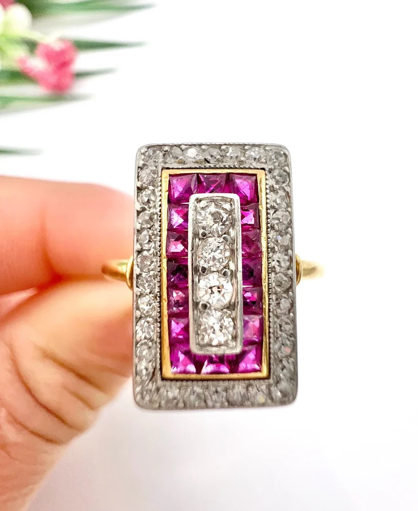 Art Deco Diamond and Ruby Cluster Tablet Ring