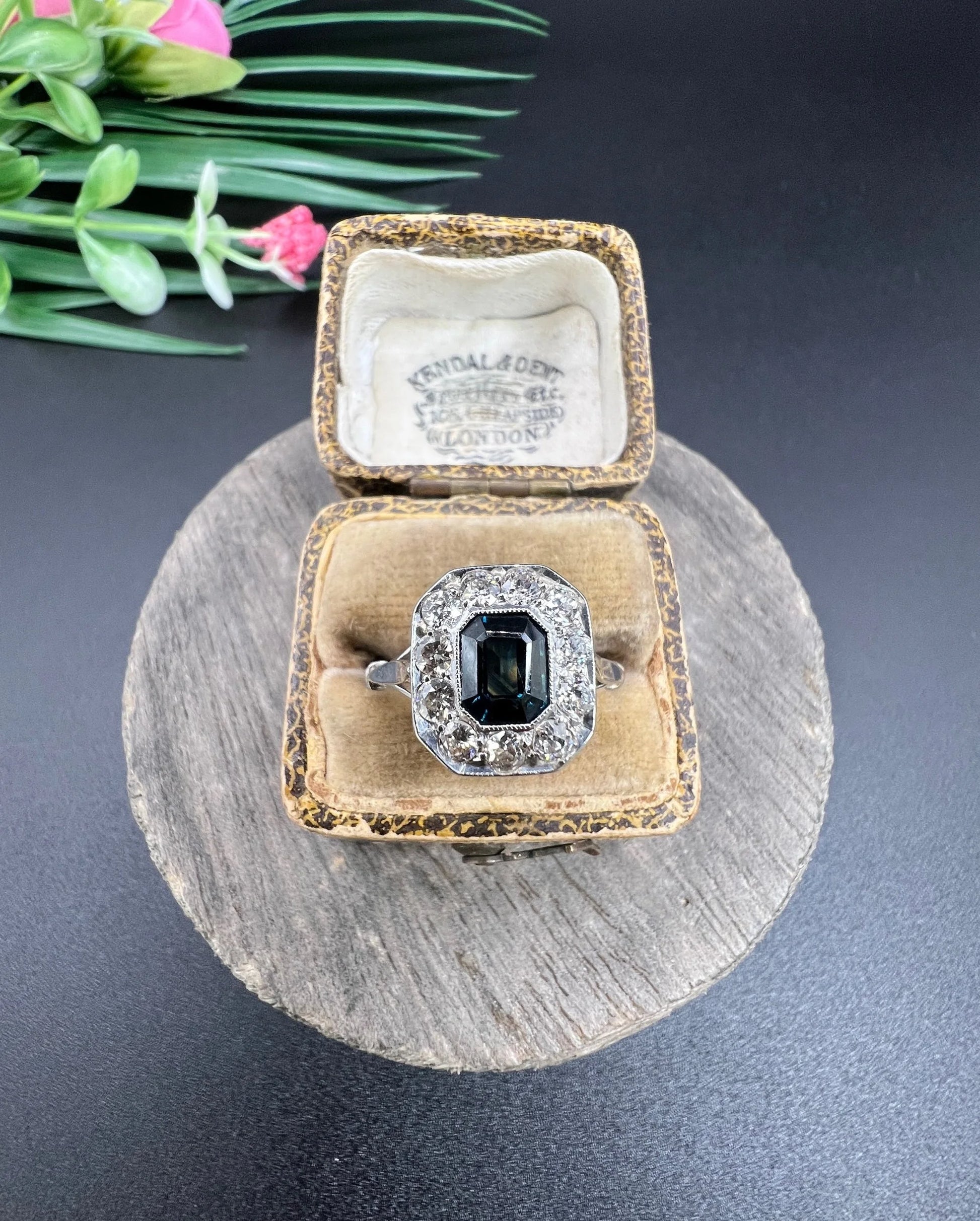 Art Deco Sapphire and Diamond Octagonal Shaped Cluster Engagement Ring 18ct gold and Platinum