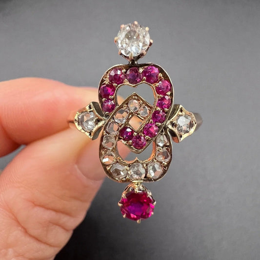 Victorian Antique Ruby and Diamond Double Heart Ring in 15ct Rose Gold