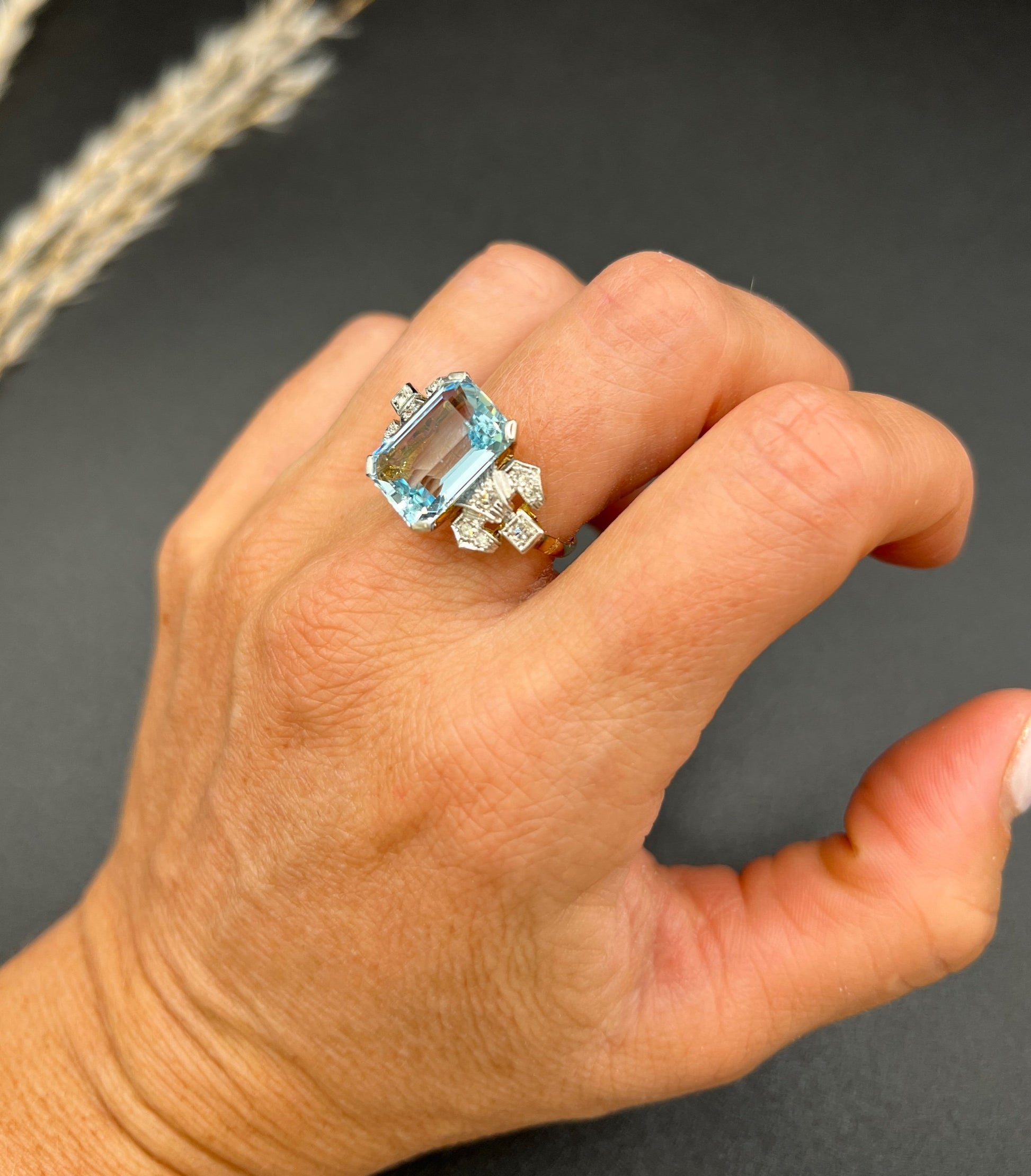 Art Deco Aquamarine and Diamond Cocktail Ring