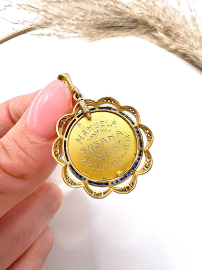 Antique 18 Carat Gold, Platinum and Sapphire Scared Heart Madonna Medal Pendant