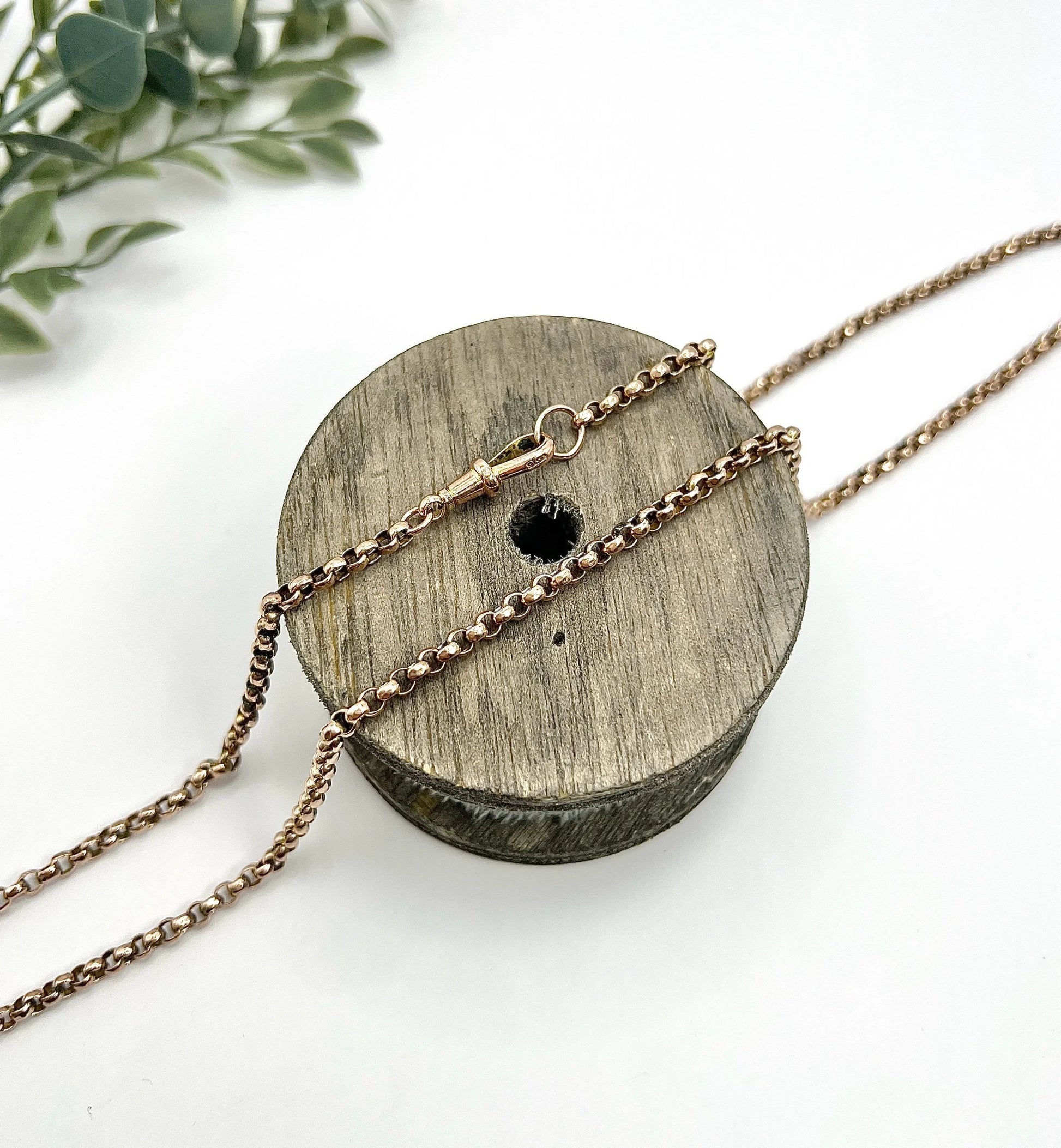 Antique 9 ct Rose Gold Edwardian Faceted Round Belcher Link Chain With Swivel Dog Clip