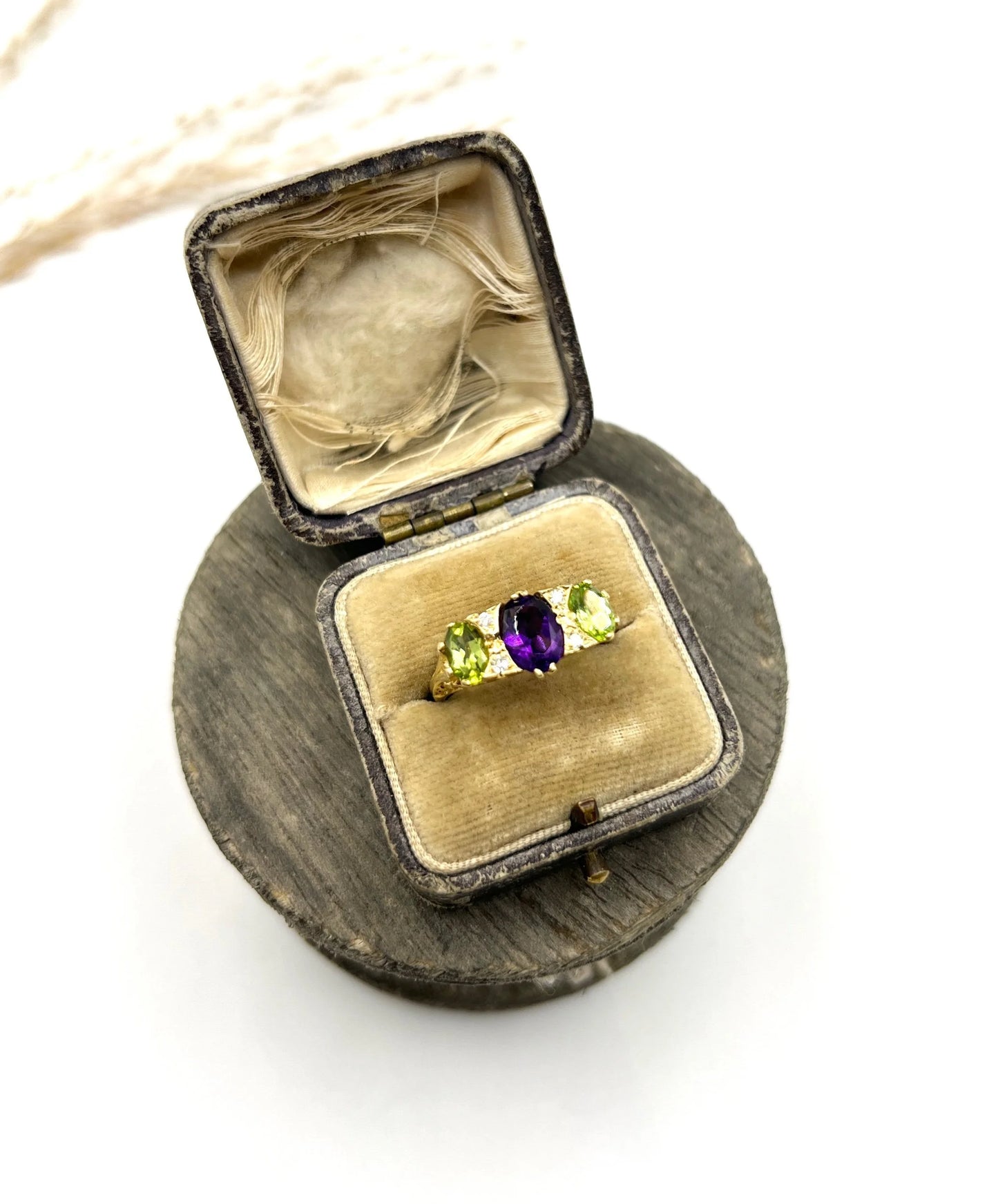 Antique 18 Carat Yellow Gold Edwardian Amethyst, Diamond and Peridot Suffragette Ring