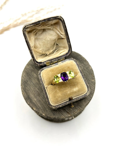 Antique 18 Carat Yellow Gold Edwardian Amethyst, Diamond and Peridot Suffragette Ring