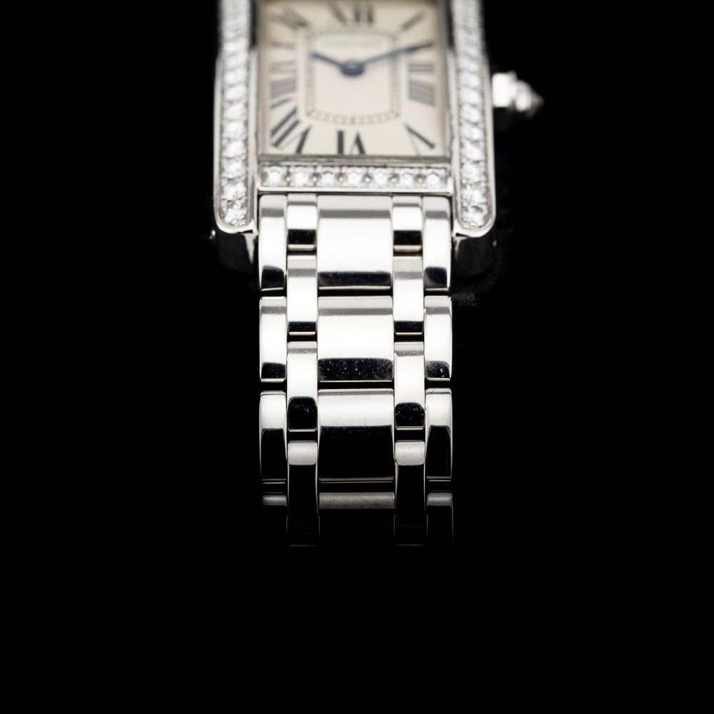 Cartier Tank Americaine 2489 White Gold Watch with Factory Diamonds and Cartier Service