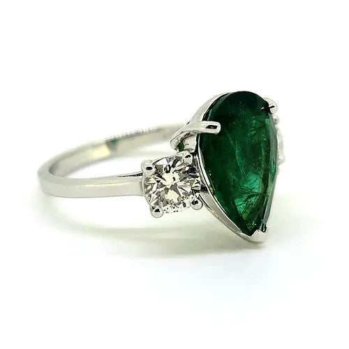 3.69ct Pear Cut Emerald and Diamond Trilogy Three Stone Engagement Ring
