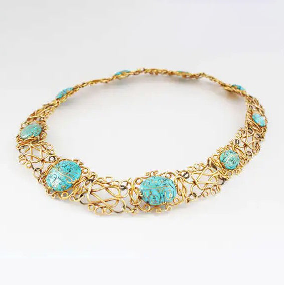Antique Art Nouveau Iranian Turquoise and 14ct Yellow Gold Wire Choker Necklace