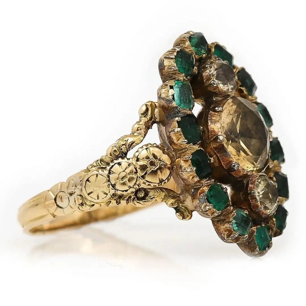 Antique Georgian Yellow Topaz and Emerald Navette Cluster Ring in 18ct Yellow Gold, Circa 1815