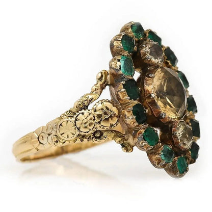 Antique Georgian Yellow Topaz and Emerald Navette Cluster Ring in 18ct Yellow Gold, Circa 1815