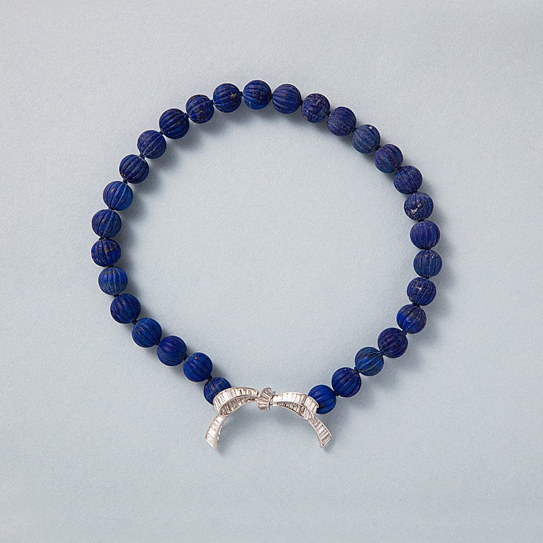 Vintage Lapis Lazuli Melon Cut Carved Bead Necklace with Diamond Bow Clasp