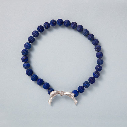 Vintage Lapis Lazuli Melon Cut Carved Bead Necklace with Diamond Bow Clasp