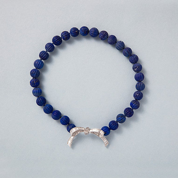 Vintage Lapis Lazuli Melon Cut Carved Bead Necklace with Diamond Bow Clasp