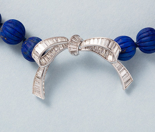 Vintage Lapis Lazuli Melon Cut Carved Bead Necklace with Diamond Bow Clasp
