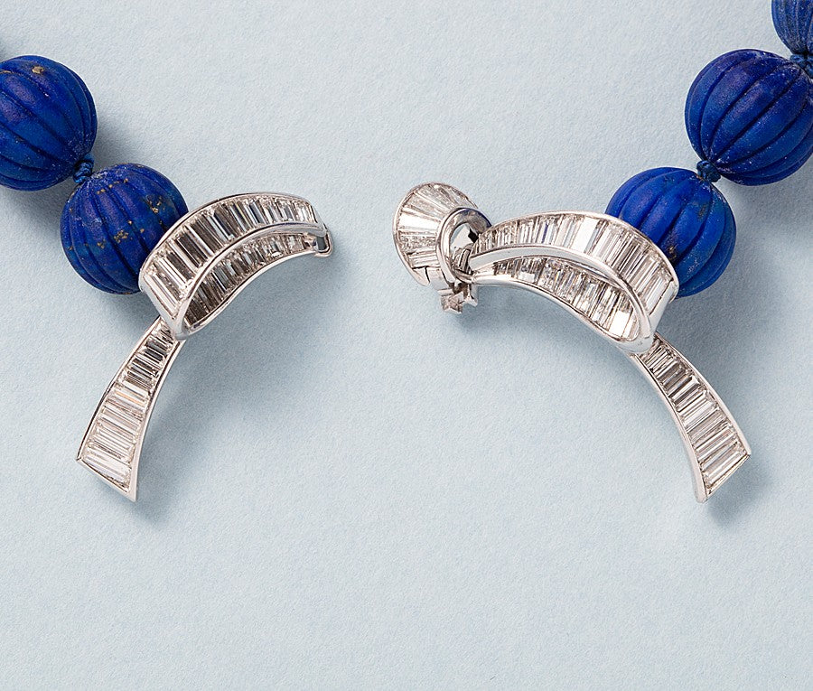 Vintage Lapis Lazuli Melon Cut Carved Bead Necklace with Diamond Bow Clasp