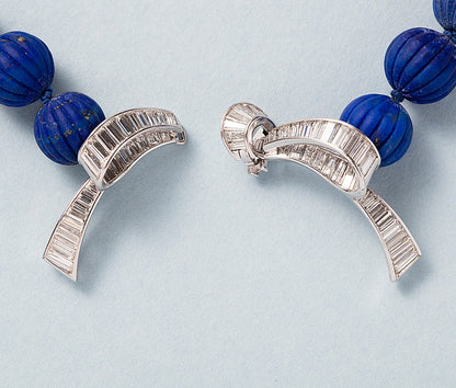 Vintage Lapis Lazuli Melon Cut Carved Bead Necklace with Diamond Bow Clasp