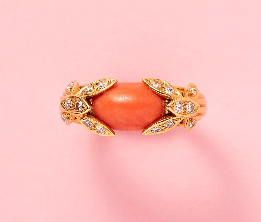 Jean & Pierre 18ct Gold Ring with Coral & Diamond