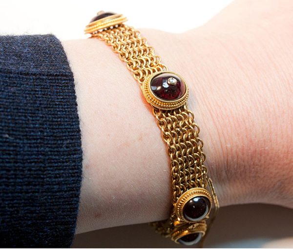 Antique Georgian Neo Etruscan Garnet, Diamond and 18ct Gold Finely Woven Bracelet; in the style of Eugene Fontenay, Circa 1870, France.