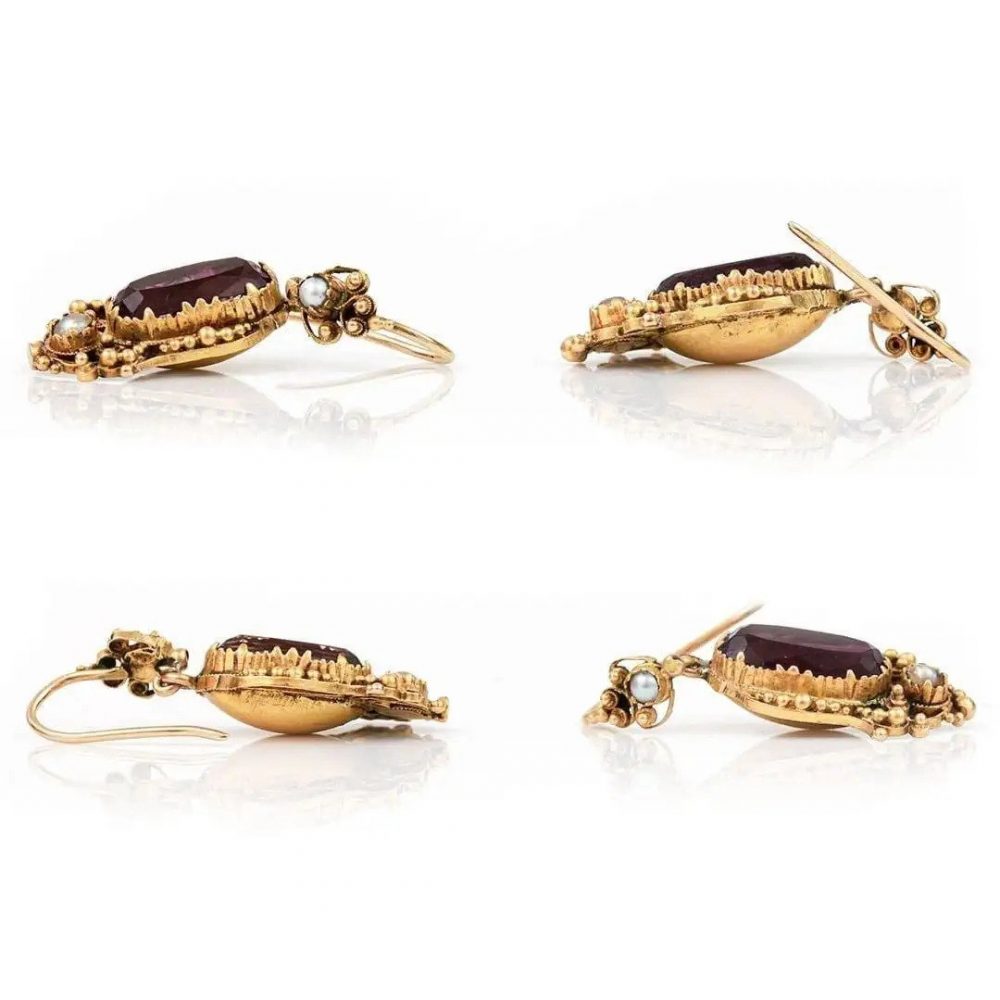 Antique Georgian Ornate Gold Amethyst and Pearl Drop Earrings