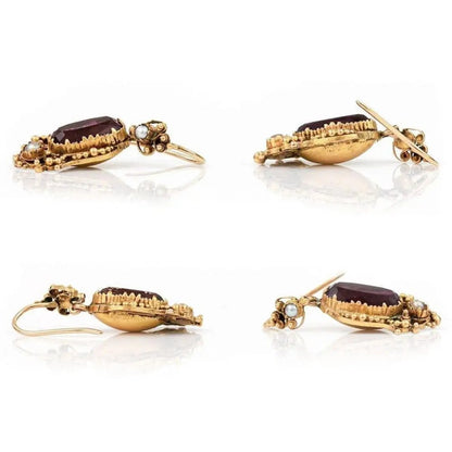 Antique Georgian Ornate Gold Amethyst and Pearl Drop Earrings
