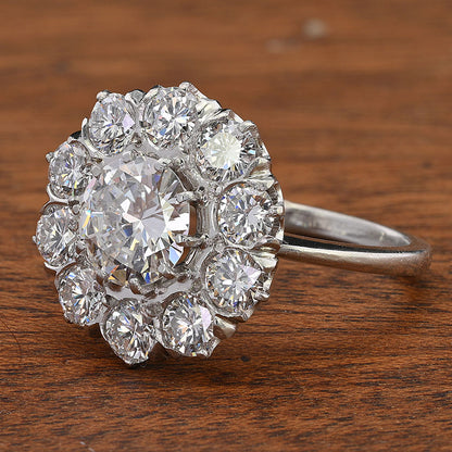 Late Art Deco Certified D VS 1.35ct Diamond Daisy Cluster Engagement Ring in Platinum, 3.19 carat total