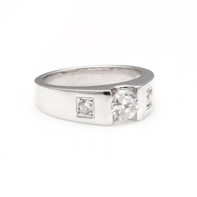 Vintage Three Stone Diamond Ring with Wide Chunky 18ct White Gold Band, Circa 1980s