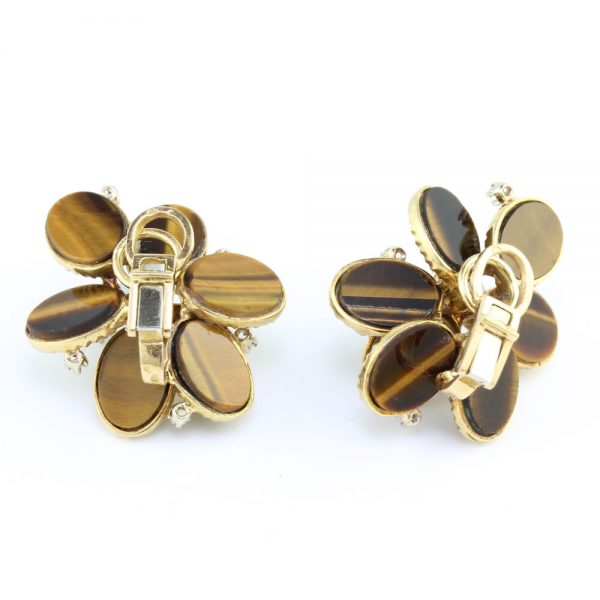 Vintage French Tigers Eye and Diamond Floral Cluster Clip On Earrings