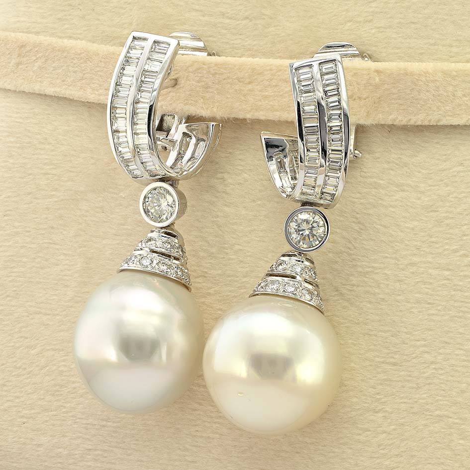 South Sea Pearl and 3.70ct Diamond Drop Earrings by Ella Gem, Two large South Sea pearls with diamond caps suspended from baguette diamond tops via diamond solitaire links in 18ct white gold