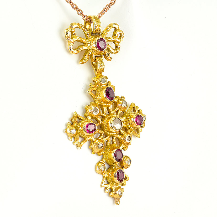 Rare Georgian Antique 1.50ct Ruby and Diamond Set 22ct Gold Cross Pendant, Late 18th century Circa 1770