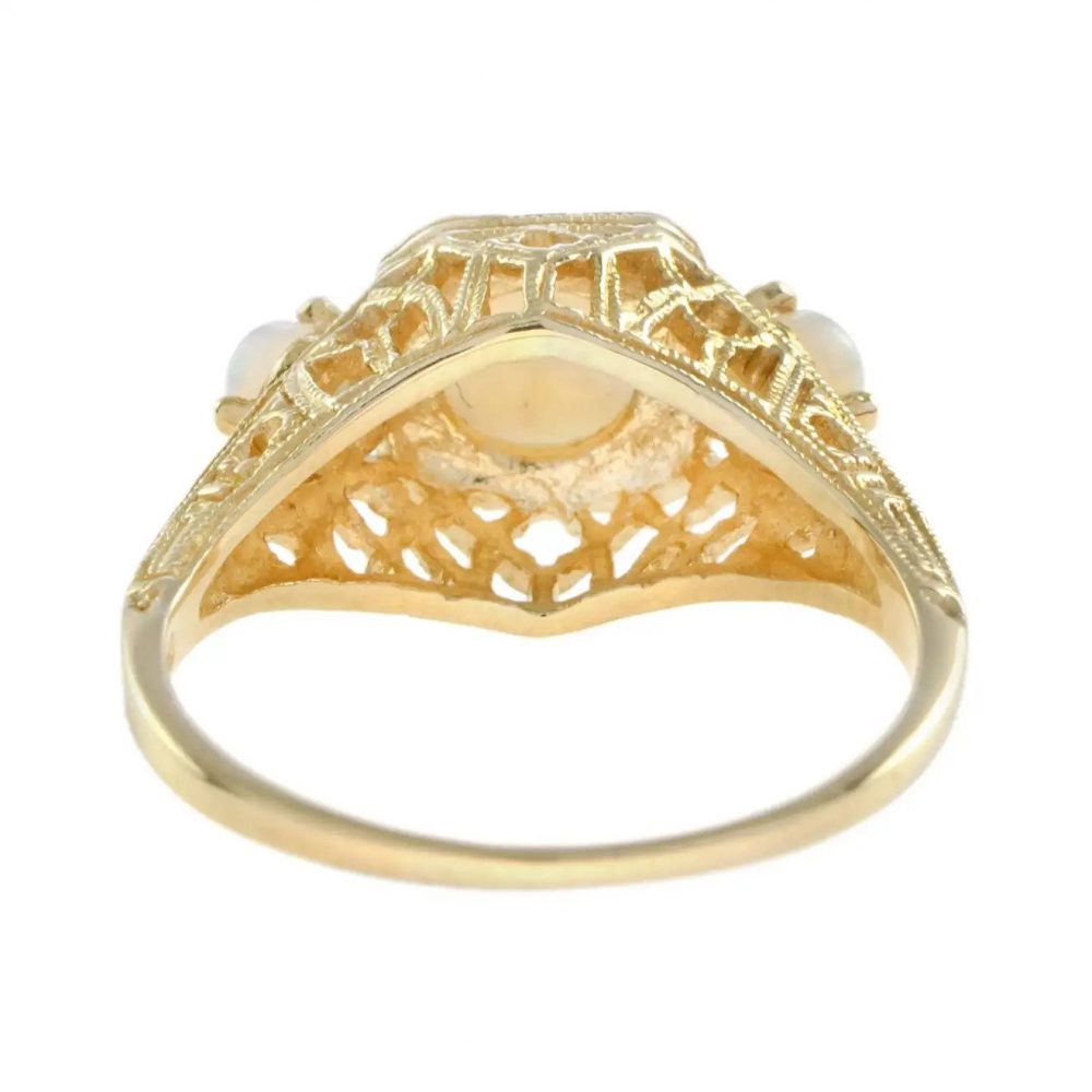 Opal Three Stone Filigree Ring in Yellow Gold
